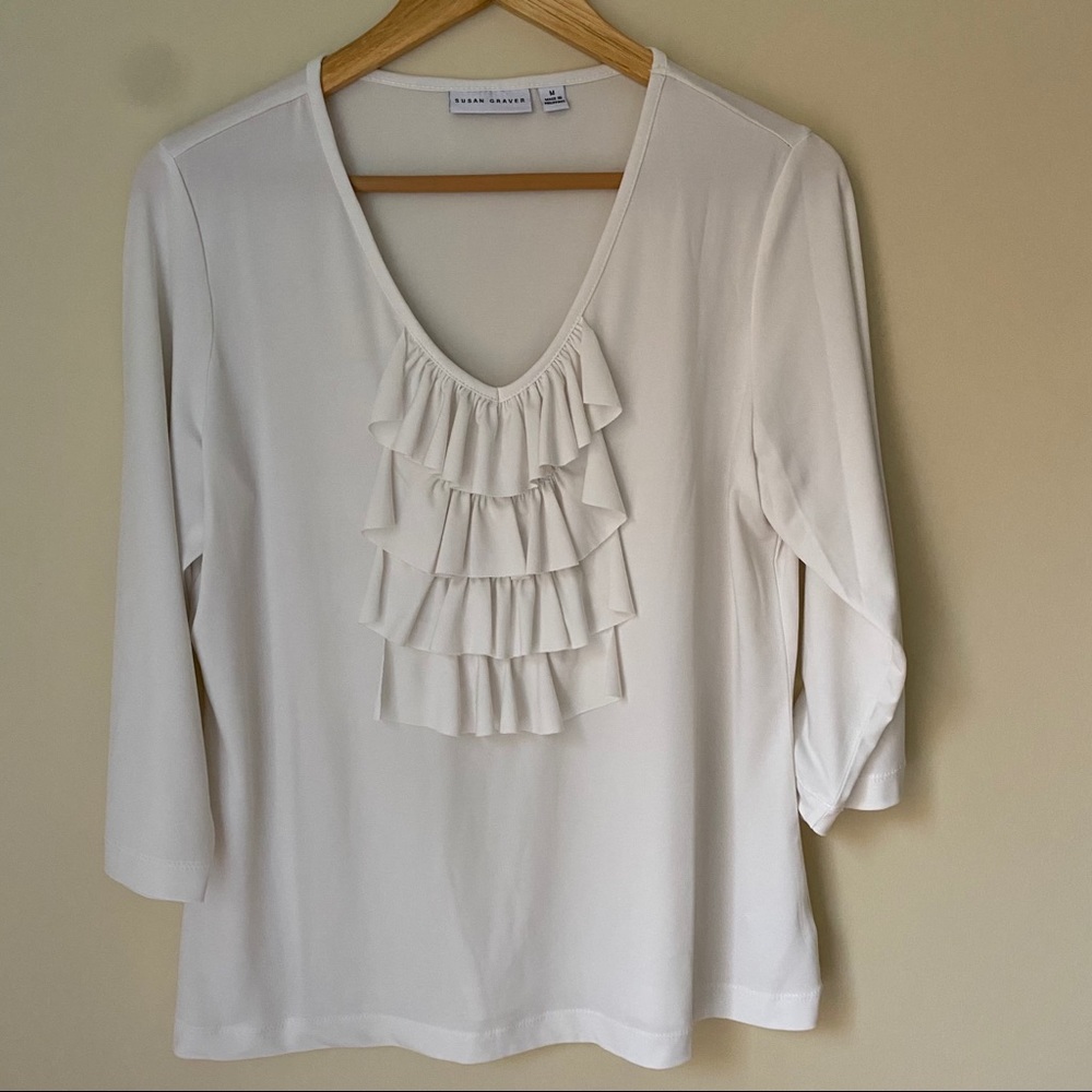 Susan Graver white ruffle front blouse 3/4 sleeve